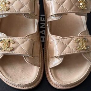 CHANEL Beige Quilted Sandals with Gold Details